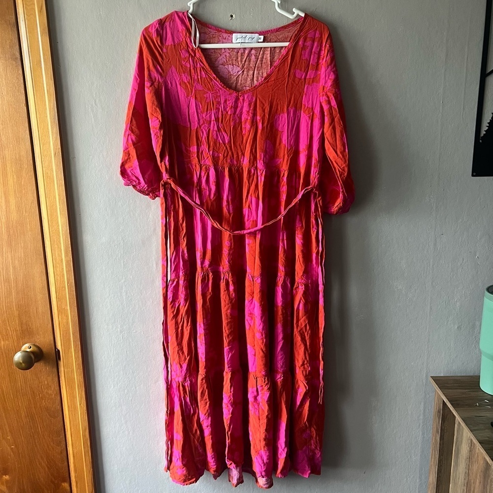 Petal and Pup Red and Pink Floral Midi Dress Size XS